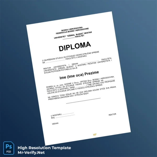 Printable Bosnia and Herzegovina University _Džemal Bijedić_ Diploma Template Image Preview - PrintDocs